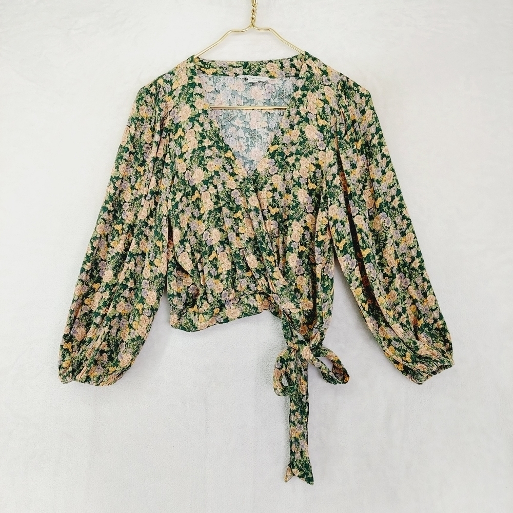 American Eagle Green Floral Faux Wrap Crop Top Long Sleeve V Neck Blouse P1906 - Picture 2 of 8